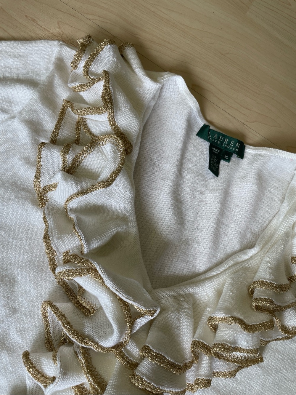 Ralph Lauren White Sweater with Ruffles and Gold Rims Women's sz XL
